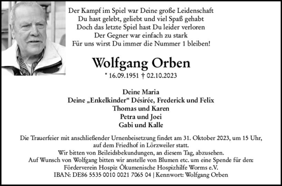 Traueranzeige von Wolfgang Orben von Allgemeine Zeitung Mainz