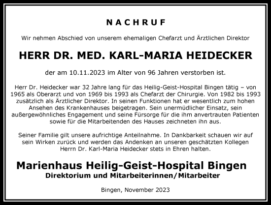 Traueranzeige von Dr. Karl-Maria Heidecker von 	Allgemeine Zeitung Bingen/Ingelheim
