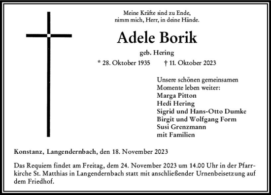 Traueranzeige von Adele Borik von Nassauische Neue Presse