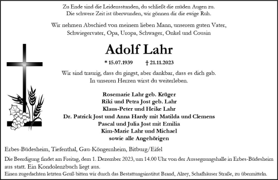 Traueranzeige von Adolf Lahr von Allgemeine Zeitung Alzey