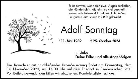 Traueranzeige von Adolf Sonntag von Darmstädter Echo