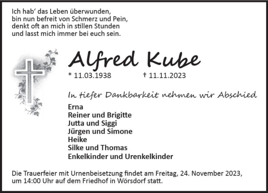 Traueranzeige von Alfred Kube von Idsteiner Land/Untertaunus