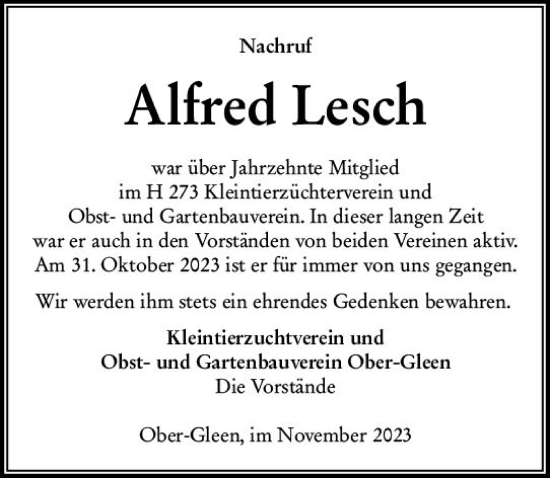 Traueranzeige von Alfred Lesch von VRM Trauer