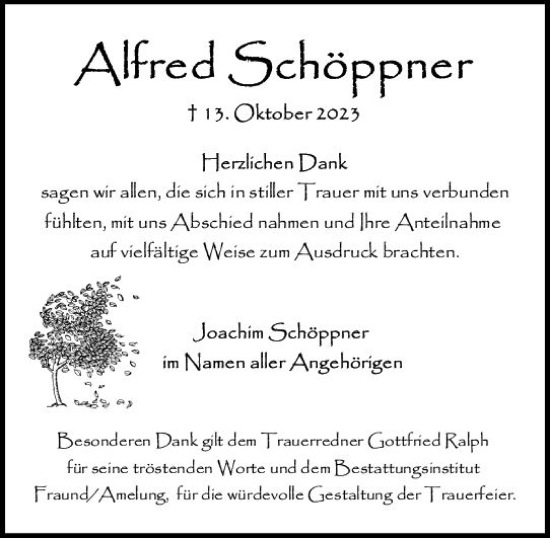 Traueranzeige von Alfred Schöppner von Wiesbadener Kurier