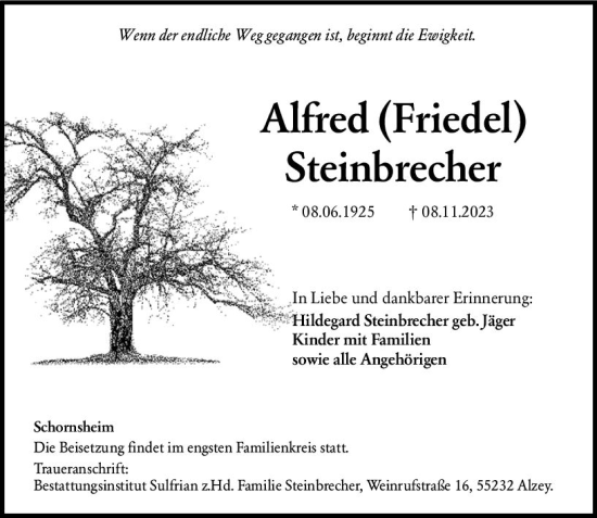 Traueranzeige von Alfred Steinbrecher von Allgemeine Zeitung Alzey