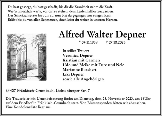 Traueranzeige von Alfred Walter Depner von Odenwälder Echo
