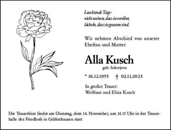 Traueranzeige von Alla Kusch von Darmstädter Echo