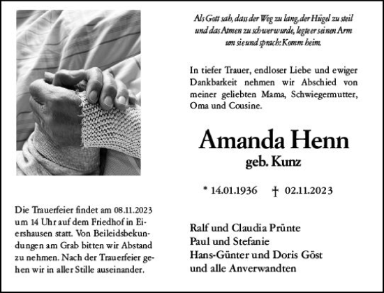 Traueranzeige von Amanda Henn von Dill Block