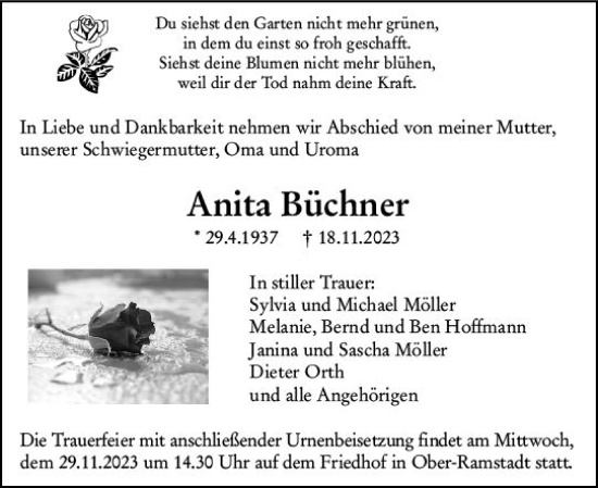 Traueranzeige von Anita Büchner von Darmstädter Echo