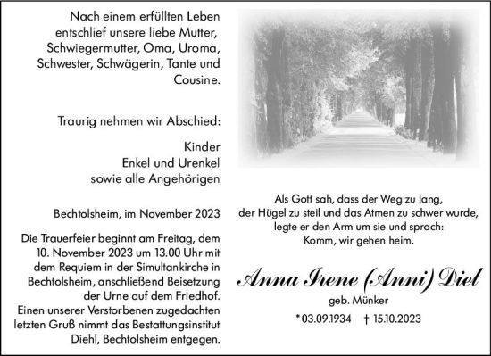 Traueranzeige von Anna Irene Diel von Allgemeine Zeitung Alzey