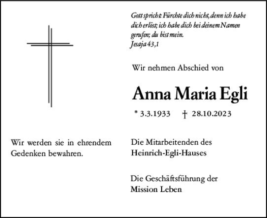 Traueranzeige von Anna Maria Egli von Allgemeine Zeitung Mainz