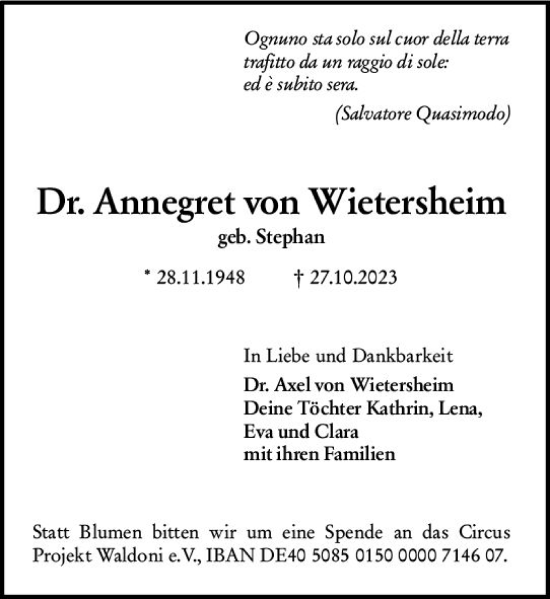 Traueranzeige von Annegret von Wietersheim von Darmstädter Echo