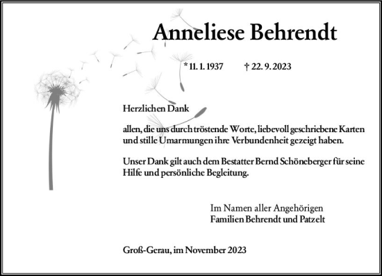Traueranzeige von Anneliese Behrendt von Groß-Gerauer Echo