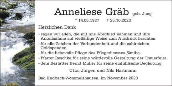 Traueranzeige von Anneliese Gräb von Hinterländer Anzeiger