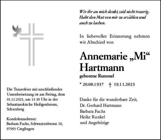 Traueranzeige von Annemarie Hartmann von Darmstädter Echo