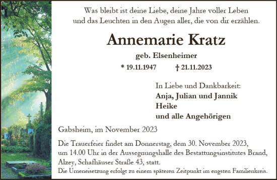 Traueranzeige von Annemarie Kratz von Allgemeine Zeitung Alzey