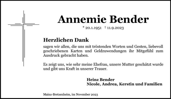 Traueranzeige von Annemie Bender von Allgemeine Zeitung Mainz
