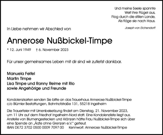Traueranzeige von Annerose Nußbickel-Timpe von Allgemeine Zeitung Bingen/Ingelheim