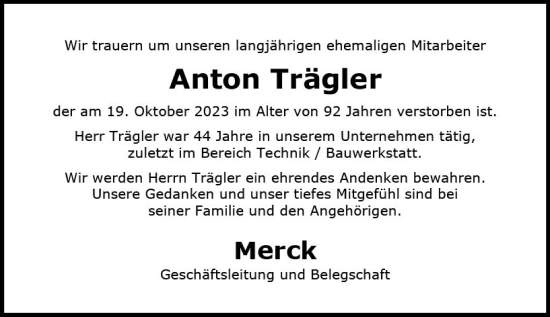 Traueranzeige von Anton Trägler von Darmstädter Echo