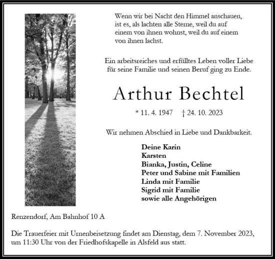 Traueranzeige von Arthur Bechtel von Oberhessen Kurier