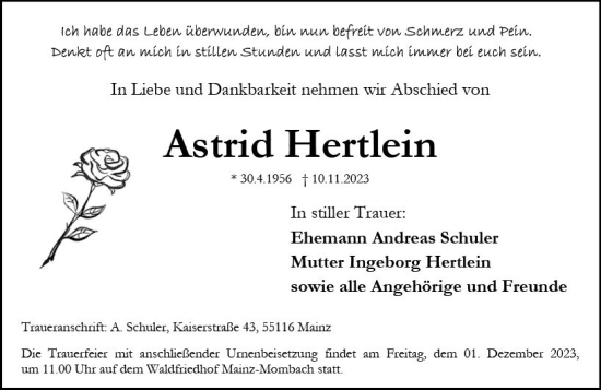 Traueranzeige von Astrid Hertlein von Allgemeine Zeitung Mainz