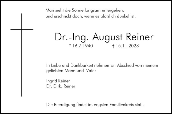 Traueranzeige von August Reiner von Darmstädter Echo