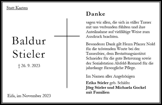 Traueranzeige von Baldur Stieler von Oberhessen Kurier