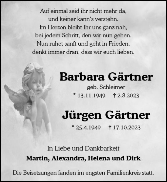 Traueranzeige von Barbara Gärtner von Allgemeine Zeitung Mainz