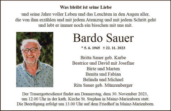 Traueranzeige von Bardo Sauer von Allgemeine Zeitung Mainz