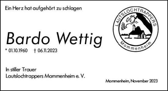 Traueranzeige von Bardo Wettig von Allgemeine Zeitung Mainz