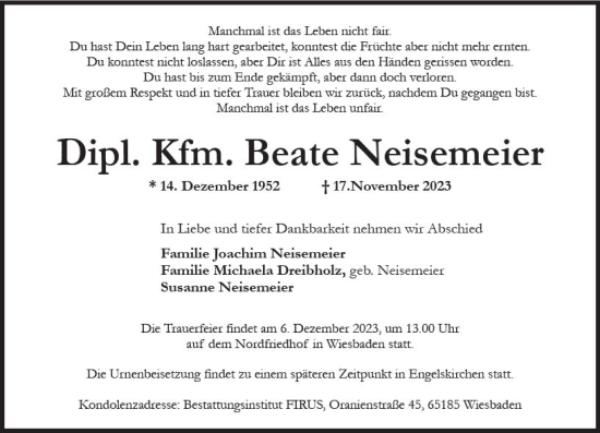 Traueranzeige von Beate Neisemeier von Wiesbadener Kurier
