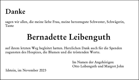 Traueranzeige von Bernadette Leibenguth von Wiesbadener Kurier