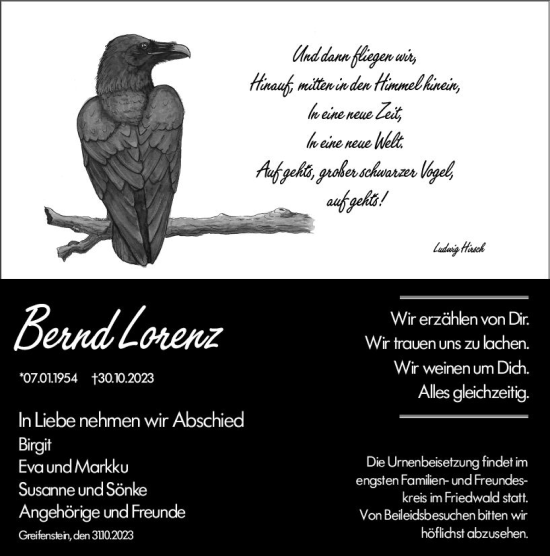 Traueranzeige von Bernd Lorenz von Dill Block