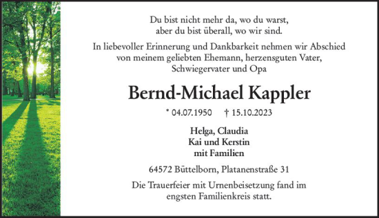 Traueranzeige von Bernd-Michael Kappler von Groß-Gerauer Echo
