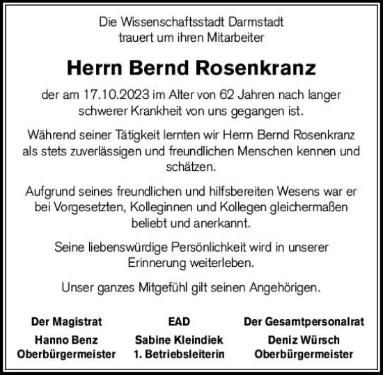 Traueranzeige von Bernd Rosenkranz von Darmstädter Echo