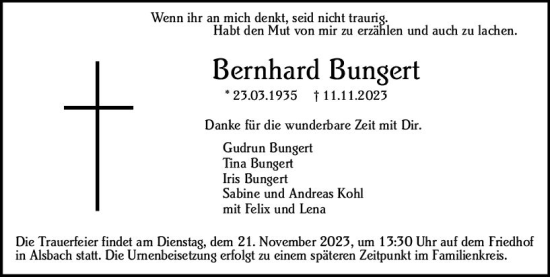 Traueranzeige von Bernhard Bungert von Darmstädter Echo