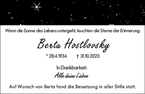 Traueranzeige von Berta Hostlovsky von VRM Trauer