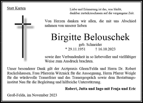 Traueranzeige von Birgitte Belouschek von Oberhessen Kurier