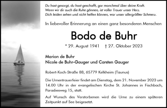 Traueranzeige von Bodo  de Buhr von Hinterländer Anzeiger