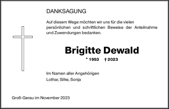 Traueranzeige von Brigitte Dewald von Groß-Gerauer Echo