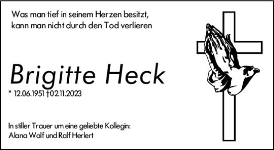 Traueranzeige von Brigitte Heck von Allgemeine Zeitung Mainz
