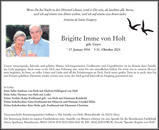 Traueranzeige von Brigitte Imme von Holt von Allgemeine Zeitung Alzey