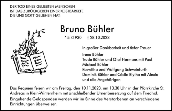 Traueranzeige von Bruno Bühler von Allgemeine Zeitung Mainz