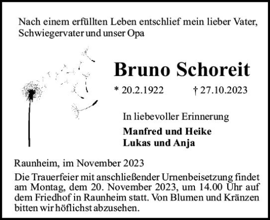Traueranzeige von Bruno Schoreit von Rüsselsheimer Echo