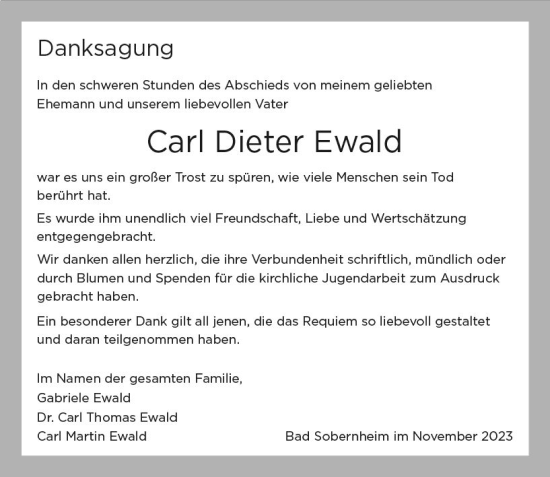 Traueranzeige von Carl Dieter Ewald von Allgemeine Zeitung Bad Kreuznach