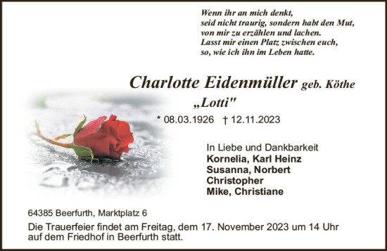 Traueranzeige von Charlotte Eidenmüller von Odenwälder Echo
