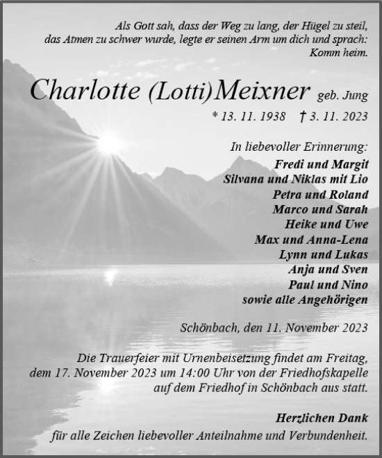 Traueranzeige von Charlotte Meixner von Dill Block