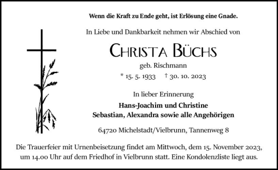 Traueranzeige von Christa Büchs von Odenwälder Echo
