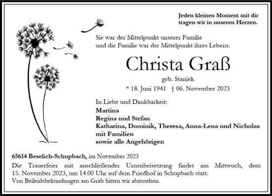 Traueranzeige von Christa Graß von Nassauische Neue Presse