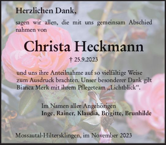 Traueranzeige von Christa Heckmann von Odenwälder Echo